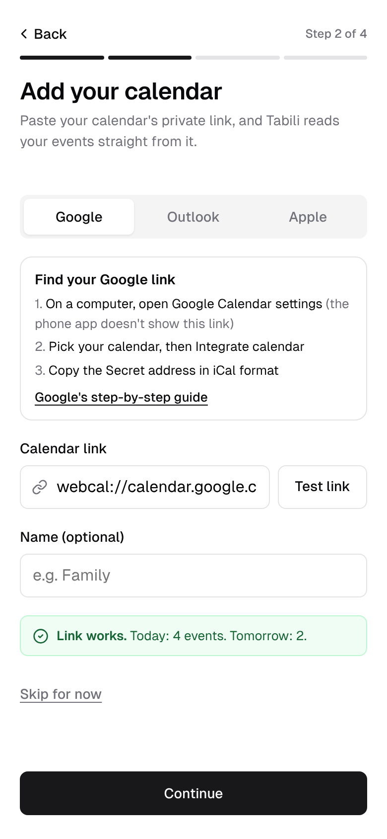 Adding a calendar: instructions for finding the Google Calendar link, a link field and a message that the link works.