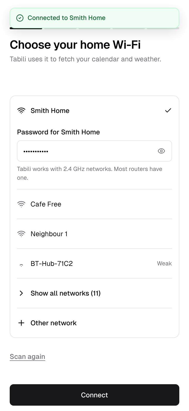 Choosing a home Wi-Fi network on the setup page, with the password field open.